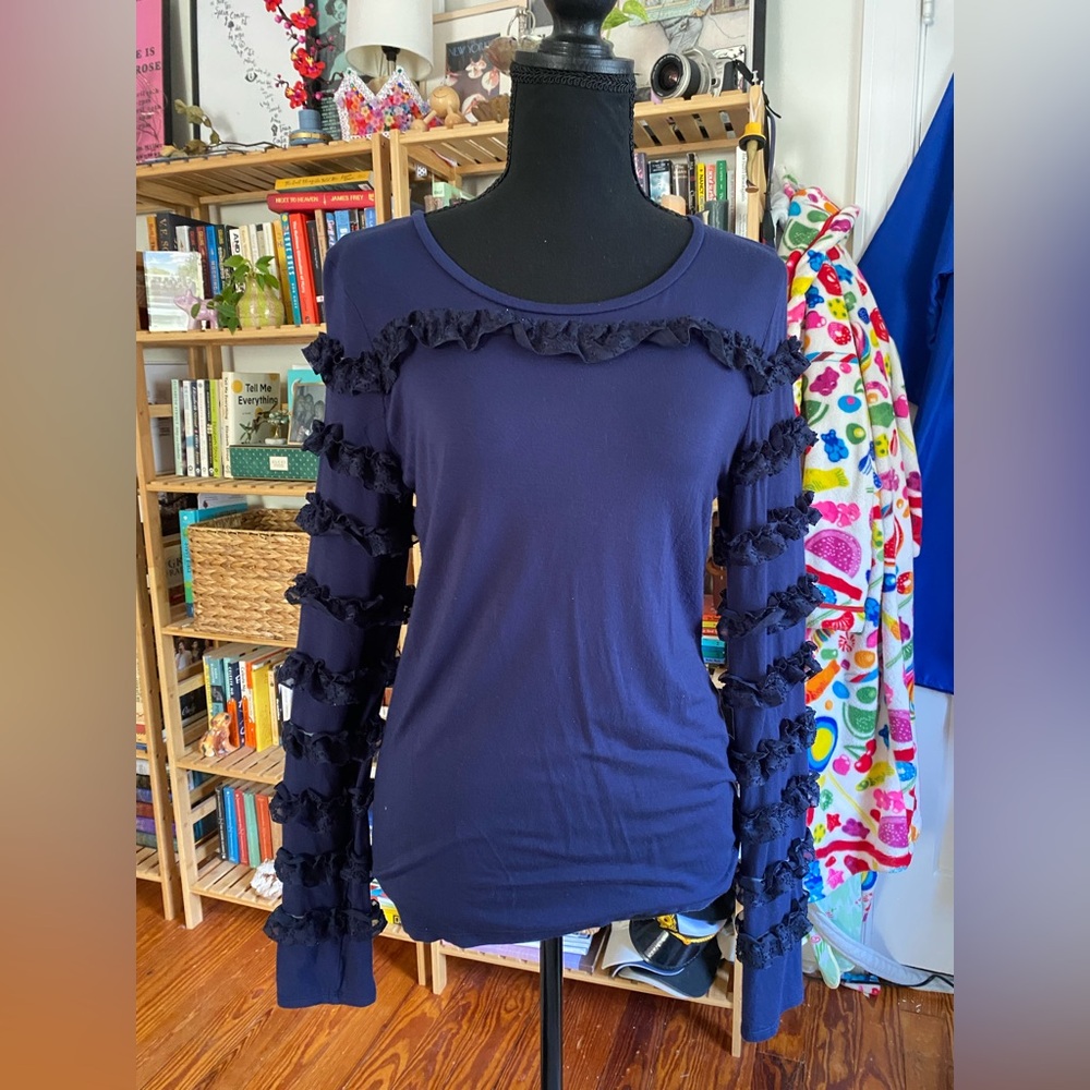 Maison Jules Navy Ruffle Sleeve Blouse